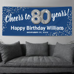 Blue Silver Glitter 80th Birthday Banner<br><div class="desc">Elegant eightieth birthday party banner featuring a stylish blue background that can be changed to any colour,  silver sparkly glitter,  eighty silver hellium balloons,  and a modern 80th birthday celebration text template that is easy to personalise.</div>