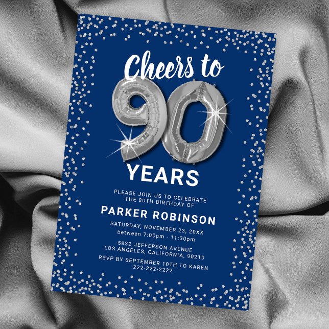 Blue Silver Glitter 90th Birthday Invitation (Creator Uploaded)