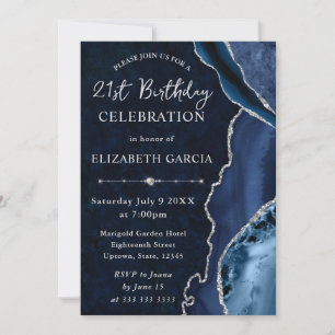 Blue & Silver Glitter Agate and marble Birthday Invitation