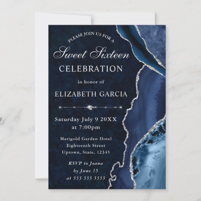Blue & Silver Glitter Agate and marble Sweet 16 Invitation (Front)