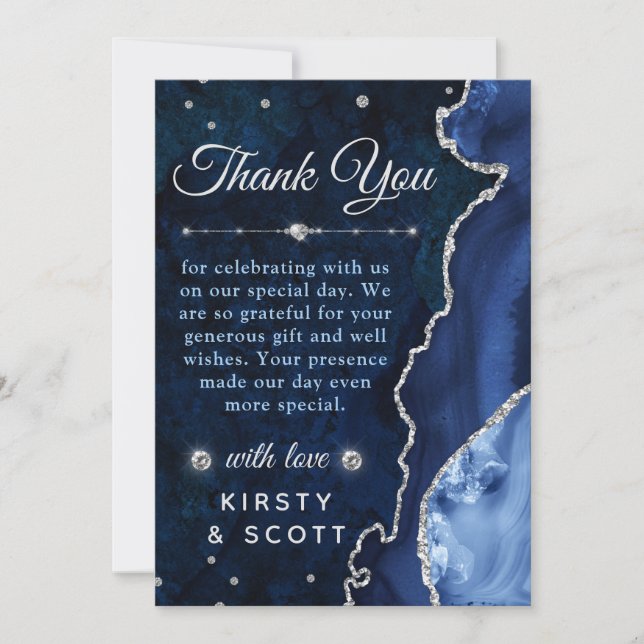 Blue & Silver Glitter Agate and marble Wedding Thank You Card (Front)