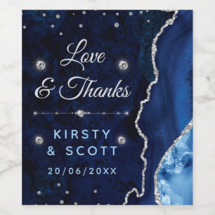 Blue & Silver Glitter Agate and marble Wedding Wine Label