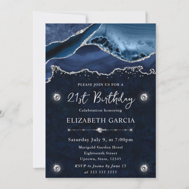 Blue Silver Glitter Agate Birthday Party Invitation (Front)