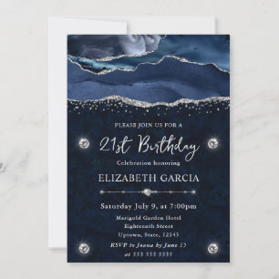 Blue Silver Glitter Agate Birthday Party Invitation