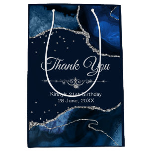 Blue & Silver Glitter Agate Birthday Thank You Medium Gift Bag