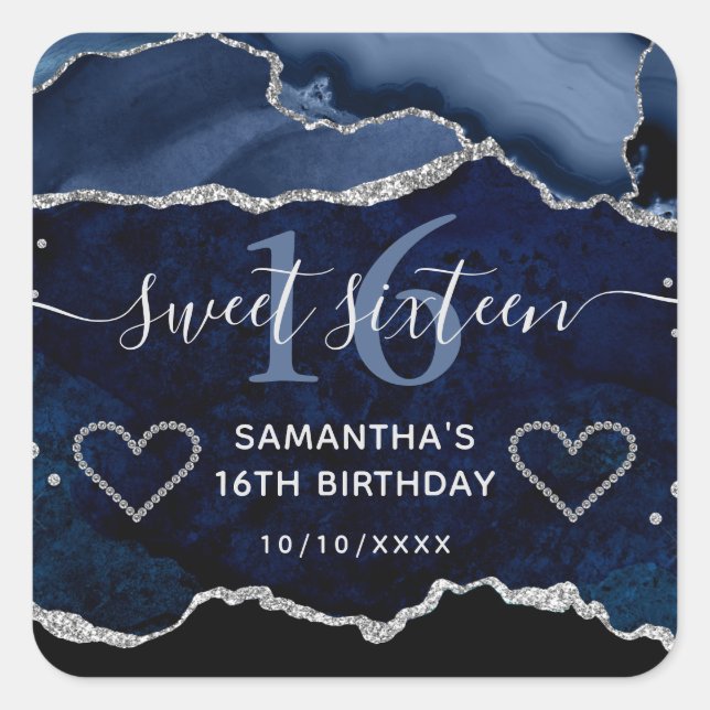 Blue & Silver Glitter Agate Marble Sweet 16 Square Sticker (Front)