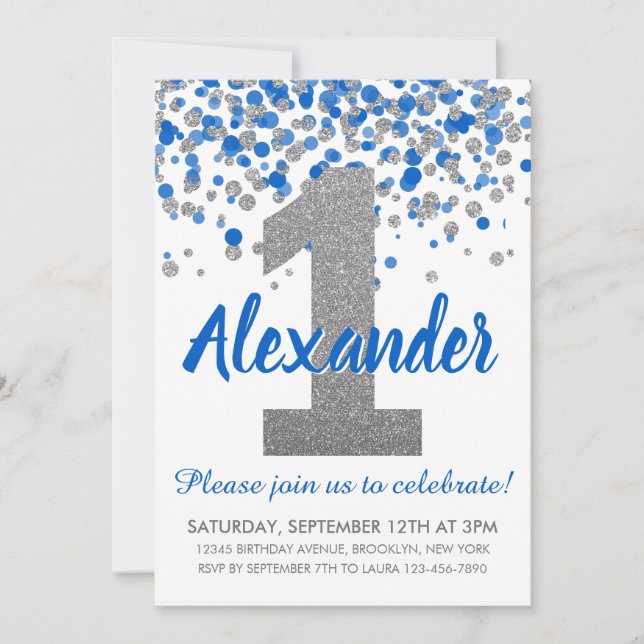 Blue Silver Glitter Confetti Boy First Birthday Invitation (Front)