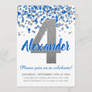 Blue Silver Glitter Confetti Boy Fourth Birthday Invitation