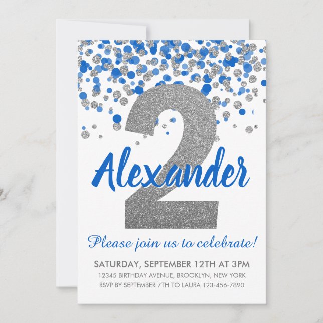 Blue Silver Glitter Confetti Boy Second Birthday Invitation (Front)
