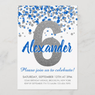 Blue Silver Glitter Confetti Boy Sixth Birthday Invitation