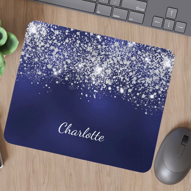 Blue silver glitter dust monogram name script mouse pad (Creator Uploaded)