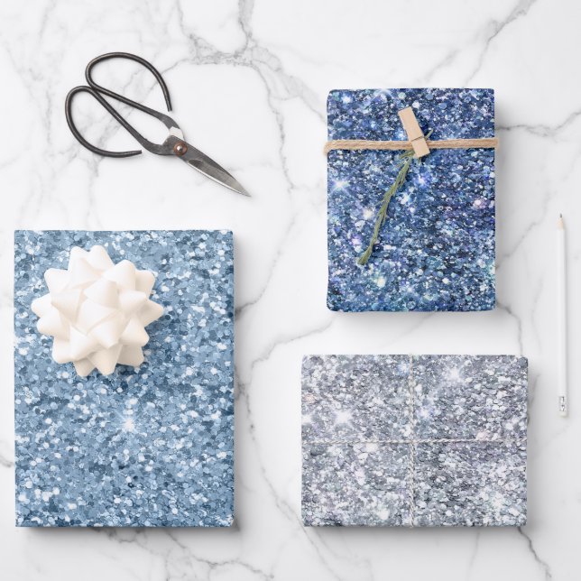 Blue Silver Glitter Glam Bling Trendy Stylish  Wrapping Paper Sheet (Front)