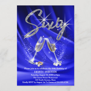 Blue & Silver Glitter Glam Modern 60th Birthday Invitation