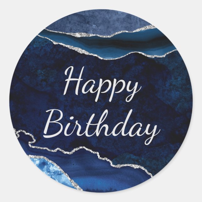 Blue & Silver Glitter Marble Agate Birthday Classic Round Sticker (Front)