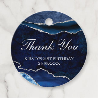 Blue & Silver Glitter Marble Agate Birthday Favour Tags