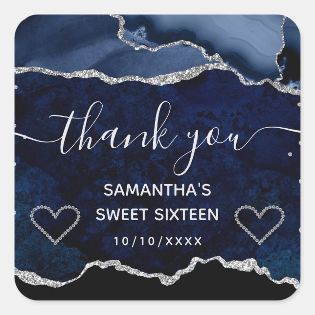 Blue & Silver Glitter Marble Agate Sweet 16 Square Sticker (Front)