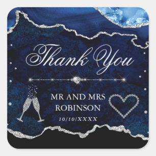 Blue & Silver Glitter Marble Agate Wedding Square Sticker
