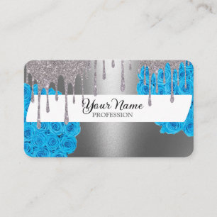 Blue Silver Glitter Roses Business Card