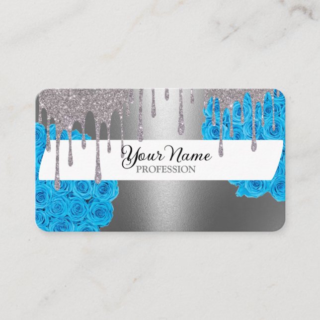 Blue Silver Glitter Roses Business Card (Front)