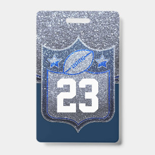 Blue & Silver Glitter School Football Team Sports ID Badge