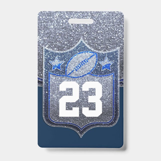 Blue & Silver Glitter School Football Team Sports ID Badge (Front)