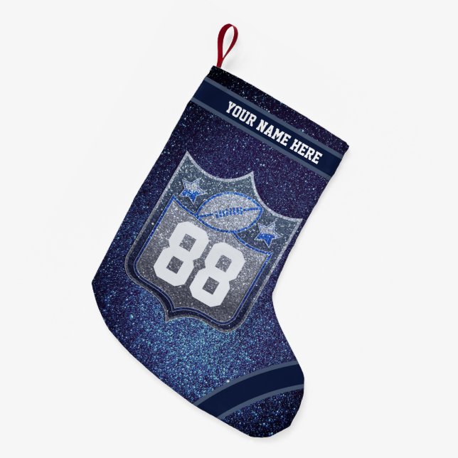 Blue & Silver Glitter School Football Team Sports Small Christmas Stocking (Front (Hanging))