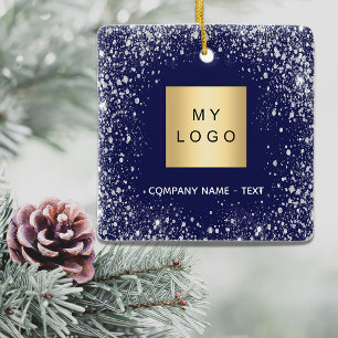 Blue silver glitter sparkle business comapany logo ceramic ornament