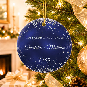 Blue silver glitter sparkles engaged ceramic tree decoration