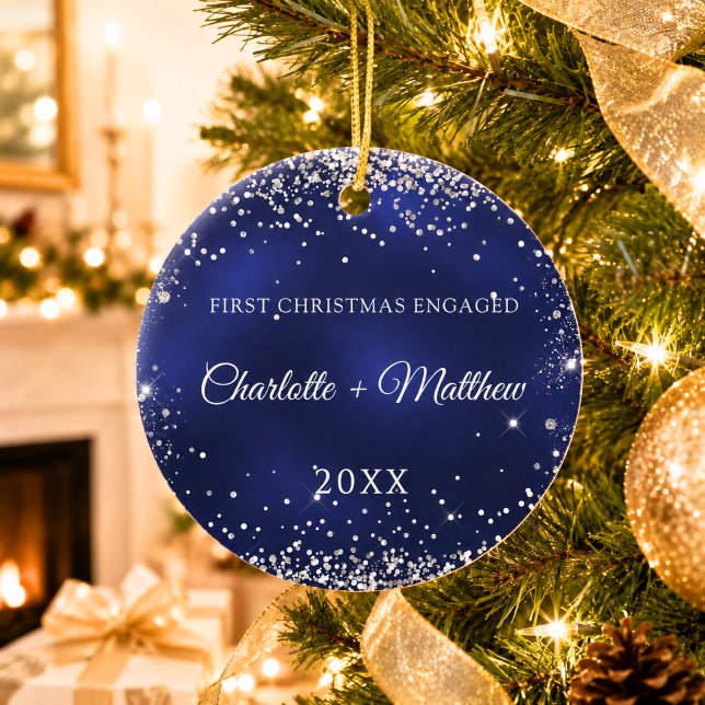Blue silver glitter sparkles engaged ceramic tree decoration (Creator Uploaded)