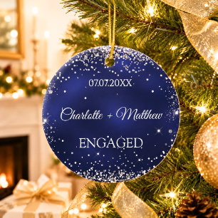 Blue silver glitter sparkles engamement  ceramic tree decoration