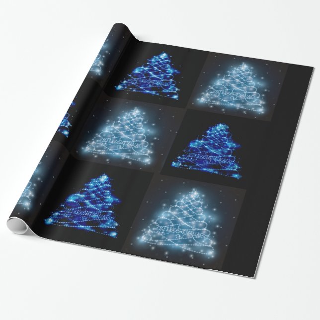 Blue & Silver Glowing Christmas Trees Wrapping Paper (Unrolled)