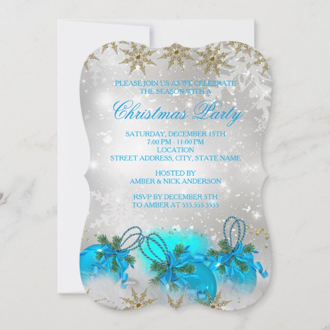Blue Silver & Gold Holly Baubles Christmas Party Invitation (Front)