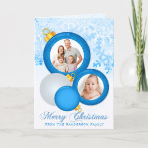 Blue Silver Gold Ornaments Christmas Photo Card