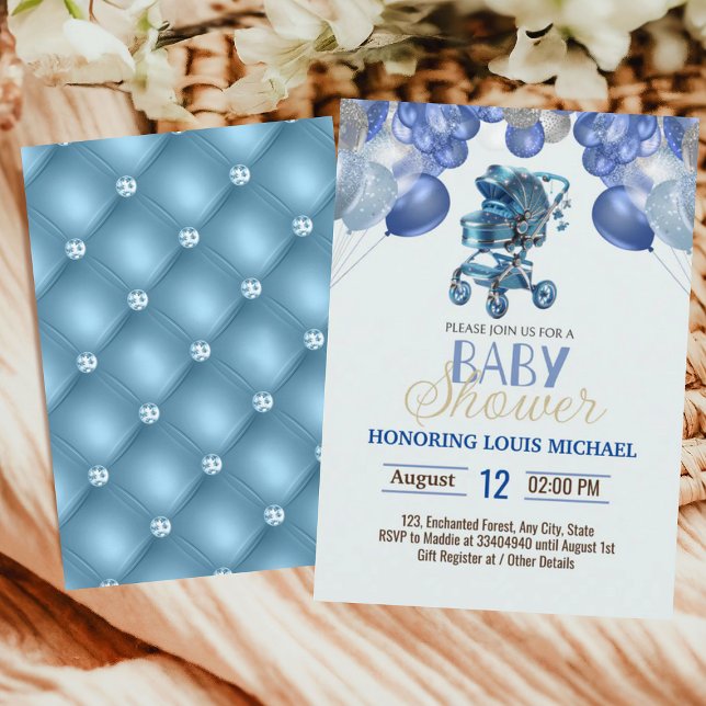 Blue Silver Gold Stroller Glitter Boy Baby Shower Invitation (Creator Uploaded)