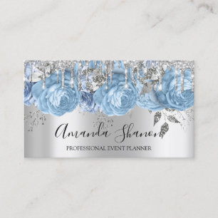 Blue Silver Gray Glitter Drip Logo Event Planner Business Card