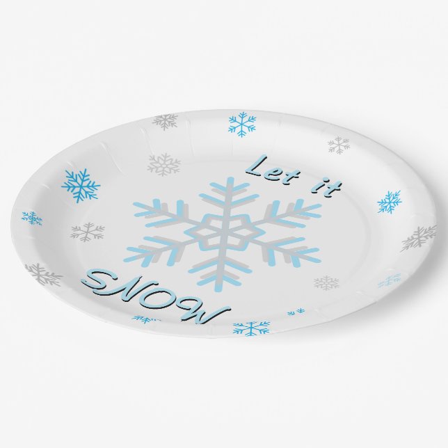 Blue Silver Gray Snowflakes Let it Snow Paper Plate (Angled)