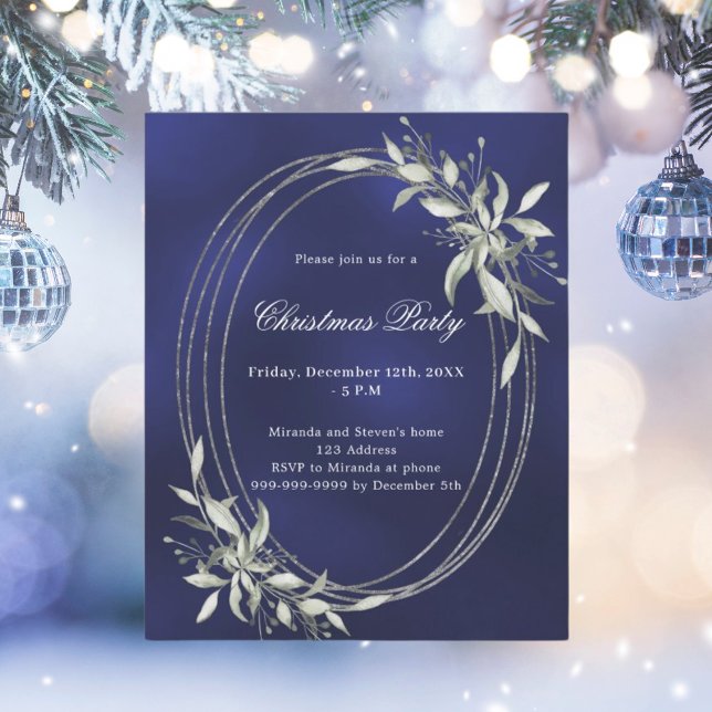 Blue silver greenery Christmas Party invitation (Creator Uploaded)