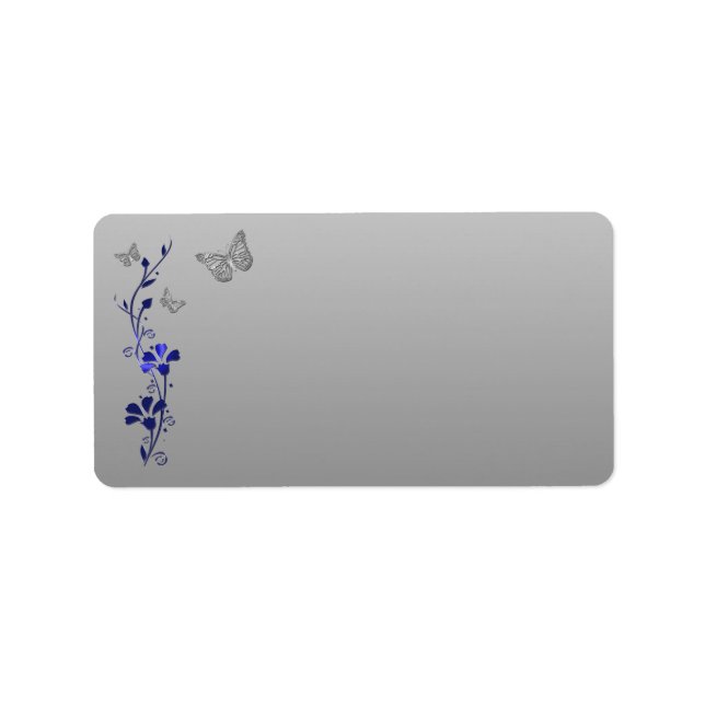 Blue, Silver Grey Butterfly Floral Label - Blank (Front)