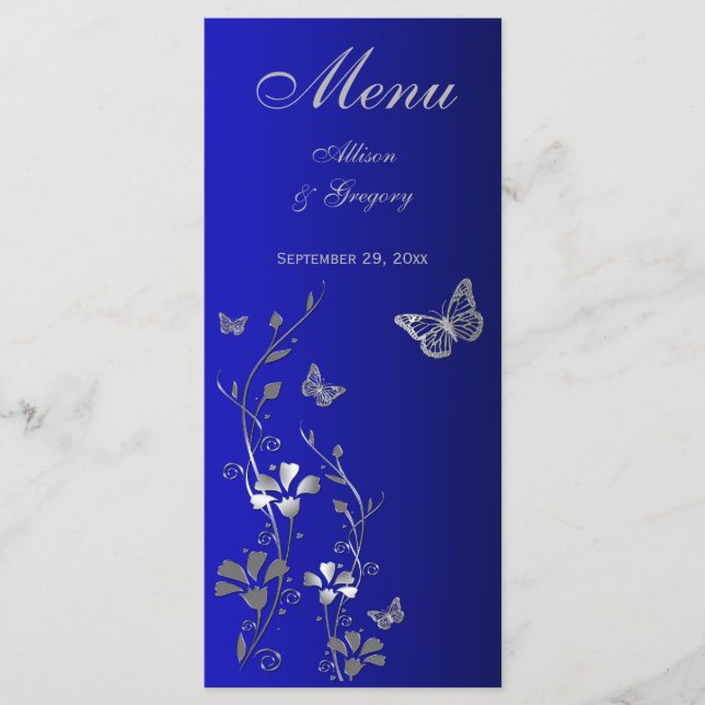 Blue, Silver Grey Butterfly Floral Menu Card (Front)