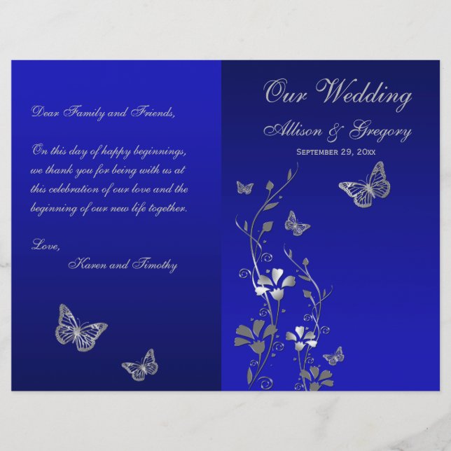 Blue, Silver Grey Butterfly Floral Wedding Program (Front)