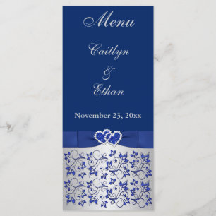 Blue, Silver Grey Floral, Hearts Menu Card
