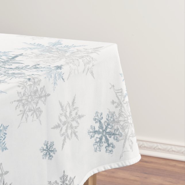 Blue Silver Grey Icy Snowflake Winter Wonderland Tablecloth (In Situ)