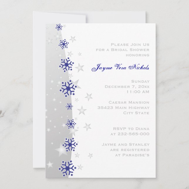 Blue, silver grey snowflake wedding bridal shower invitation (Front)