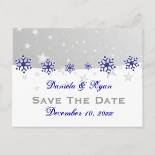 Blue, silver grey snowflake wedding Save the Date Announcement Postcard
