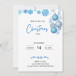 Blue & Silver Hanging Baubles Snowflakes Christmas Invitation