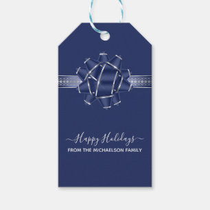 Blue Silver Happy Holidays Bow Personalised Gift Tags