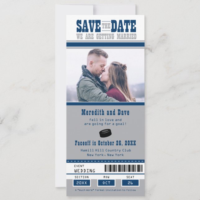 Blue Silver Hockey Ticket Wedding Save the Date (Front)