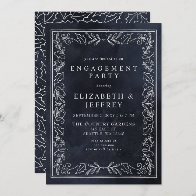 Blue Silver Holly Christmas Engagement Party   Invitation (Front/Back)