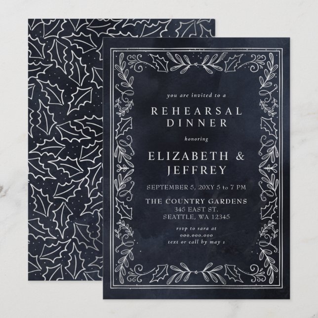Blue Silver Holly Christmas Rehearsal Dinner  Invitation (Front/Back)