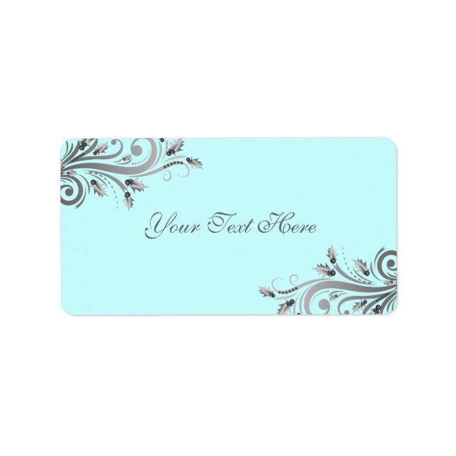Blue/Silver Holly Flourish Christmas Address Label (Front)